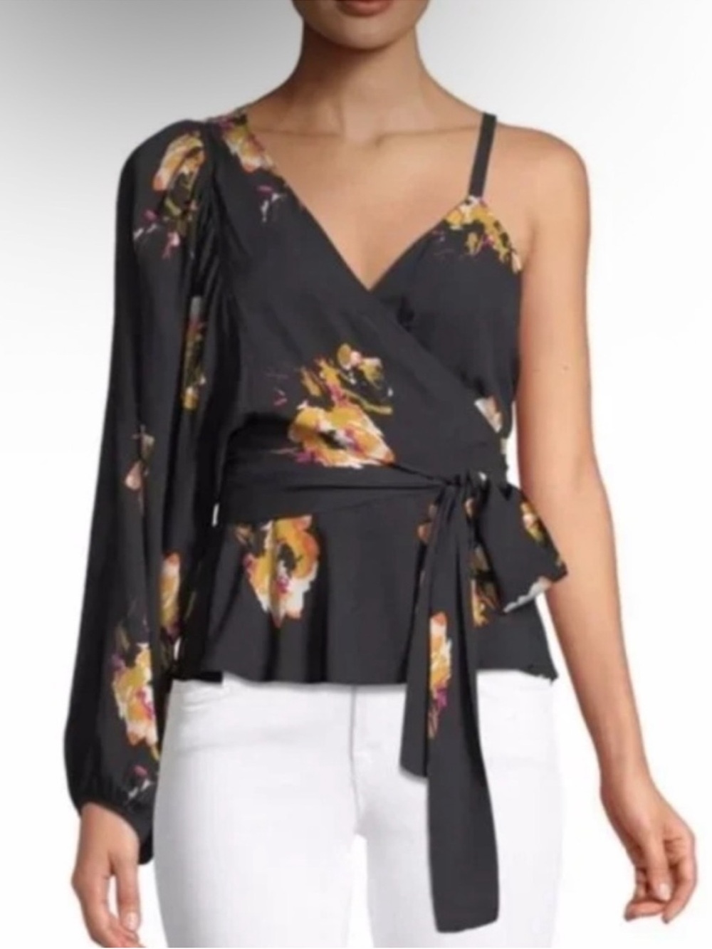 A.L.C. Mickalene One-Shoulder Floral Silk Wrap Blouse